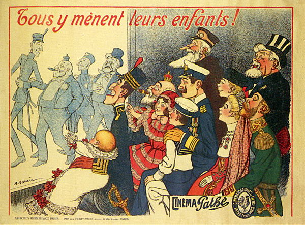 Nell'affisso: Il re Alfonso XIII di Spagna, Eduardo VII d'Inghilterra, lo zar Nicolas II, il presidente Fallières, il kaiser Guglielmo II, disegno di Adrien Barrère 1908 c.