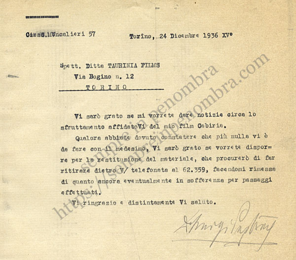 Lettera di Giovanni Pastrone alla Taurinia Films, 24 dicembre 1936