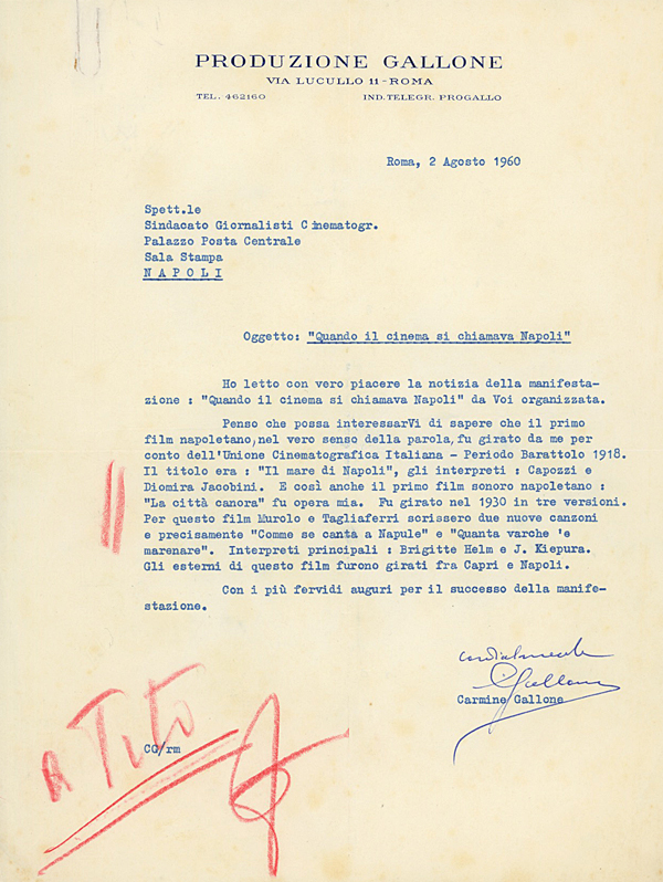 La lettera di Carmine Gallone al Sindacato Giornalisti Cinematografici (archivio in penombra)